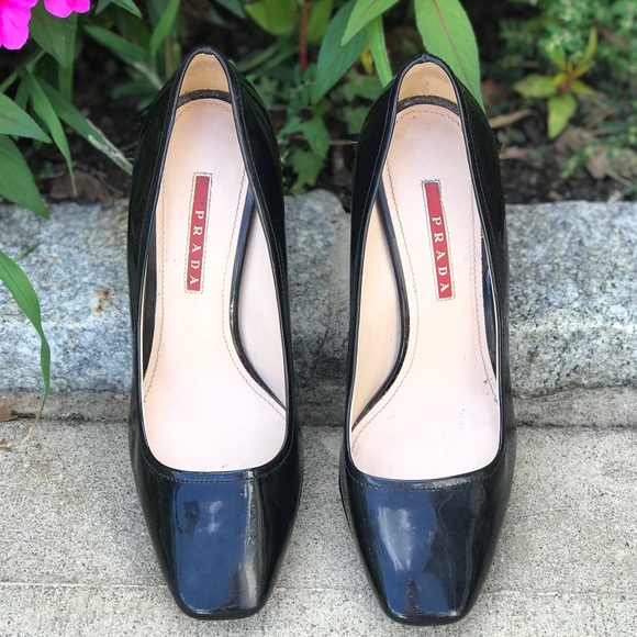 Prada Women's Patent Leather Pumps Heels Square Toe Slip On Stacked HeeI Black - Picture 2 of 16